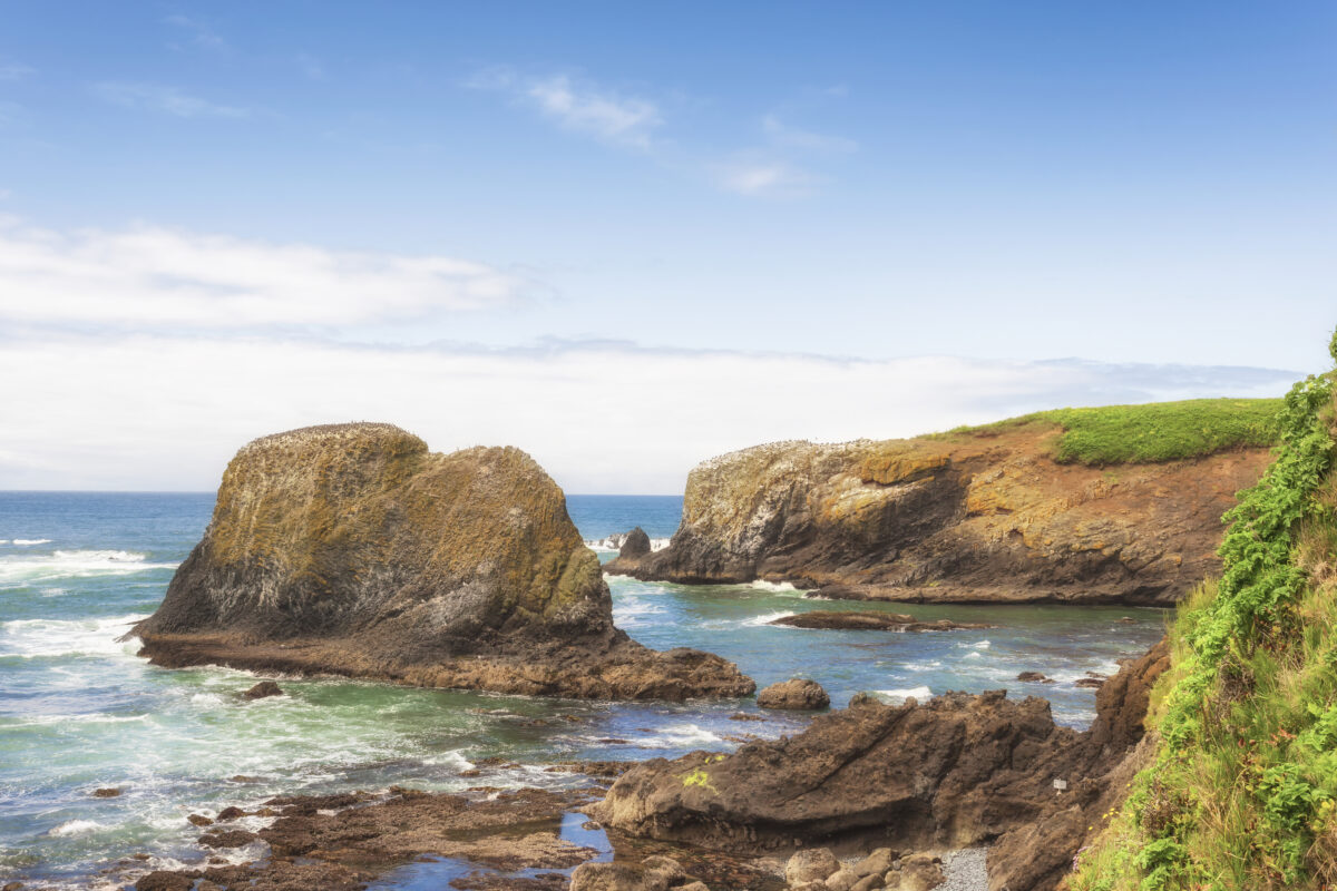 From above view of nature area of Cobble Beach at Yaquina Head State Park in Newport, Oregon.