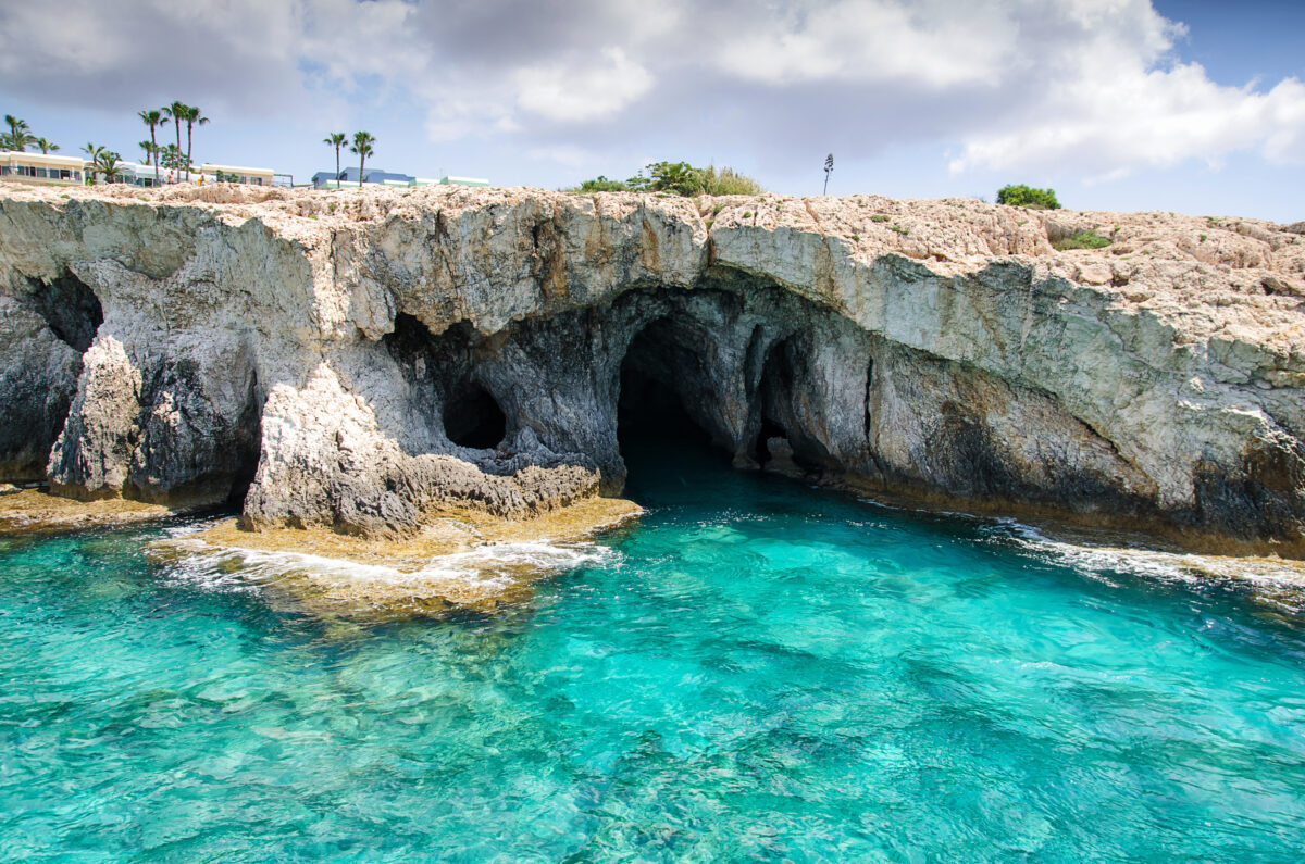 Sea caves of Cavo greco cape. Ayia napa, Cyprus. Mediterranean sea landscape.