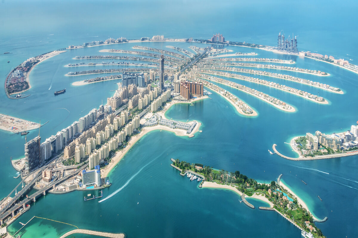 Aerial view of Dubai Palm Jumeirah island, United Arab Emirates.