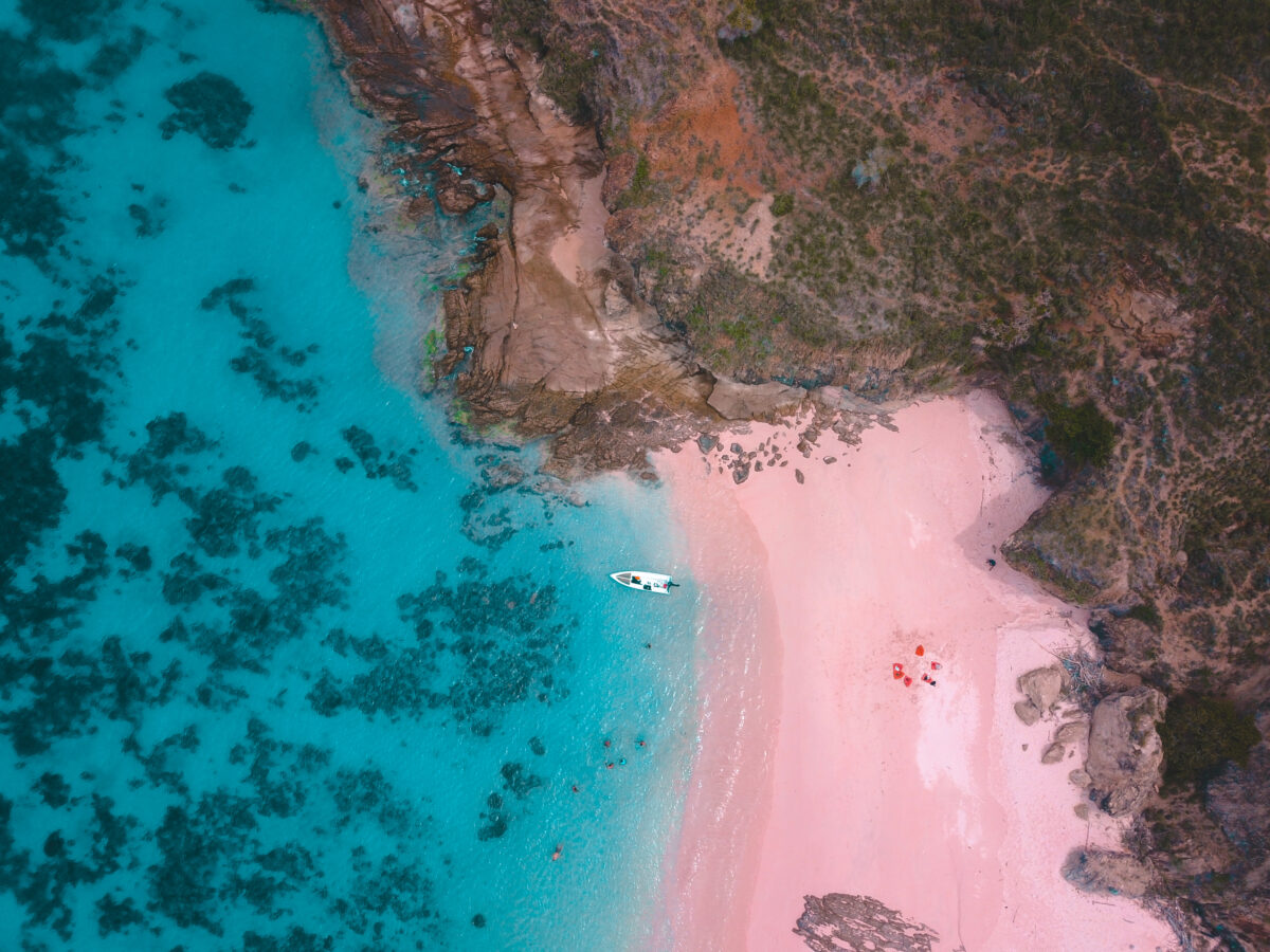 Aerial view at pink beach, komodo national park, east nusa tenggara, indonesia.