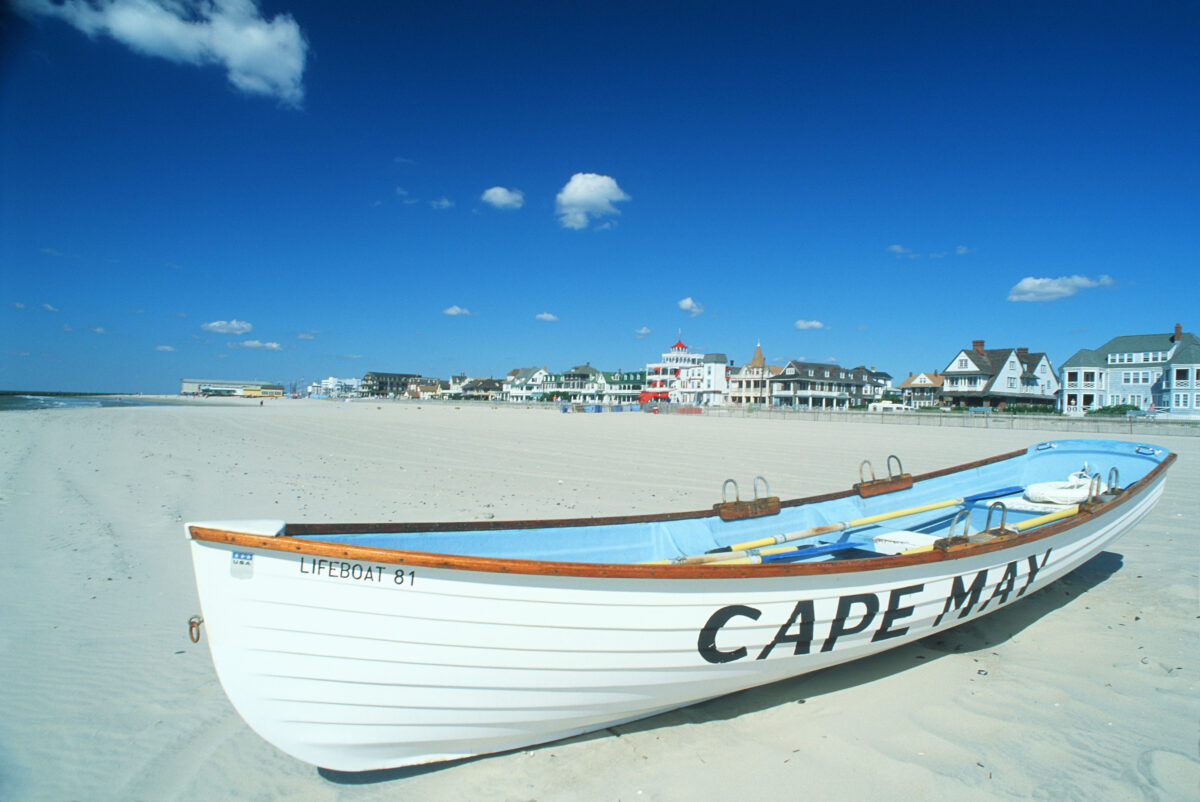 Life boat on a beach in Cape May, New Jersey.
