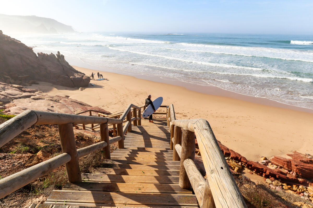 View to Praia do Amado, Beach and Surfer spot near Sagres and Lagos, Costa Vicentina Algarve, Portugal.