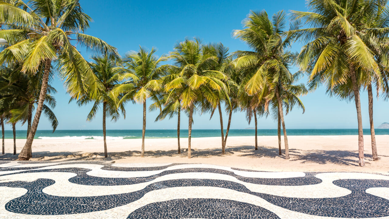 Palm trees and the iconic Copacabana beach mosaic sidewalk, in Rio de Janeiro, Brazil