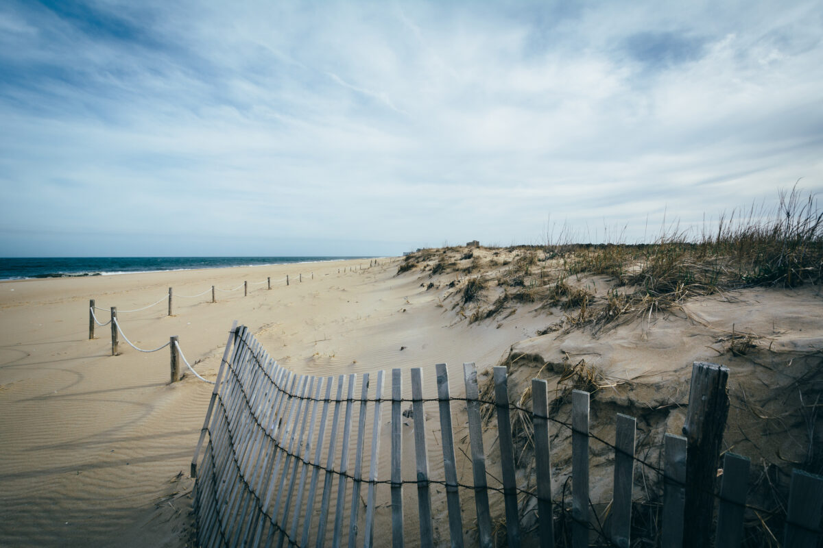 Fence and sand dunes at Cape Henlopen State Park in Rehoboth Beach, Delaware.