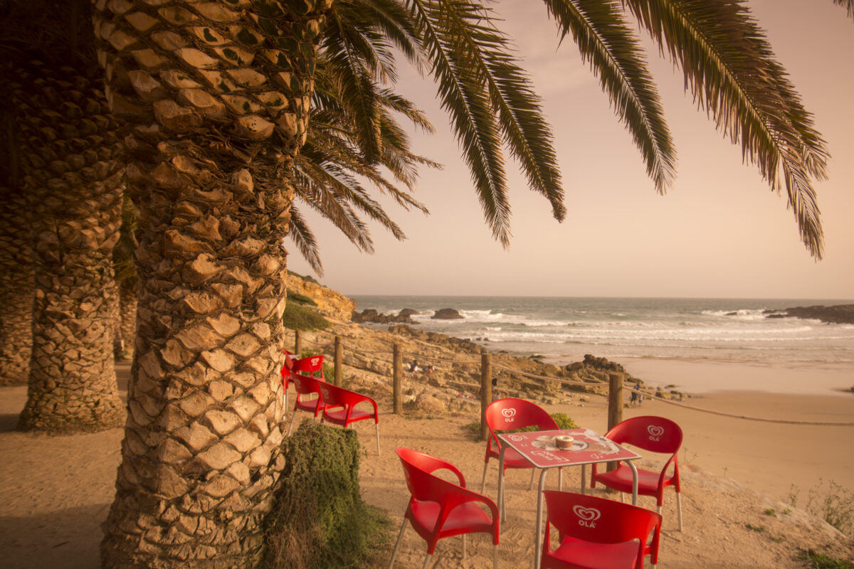 A restaurant at the beach of the village of Zavial in the Algarve of Portugal in Europe.