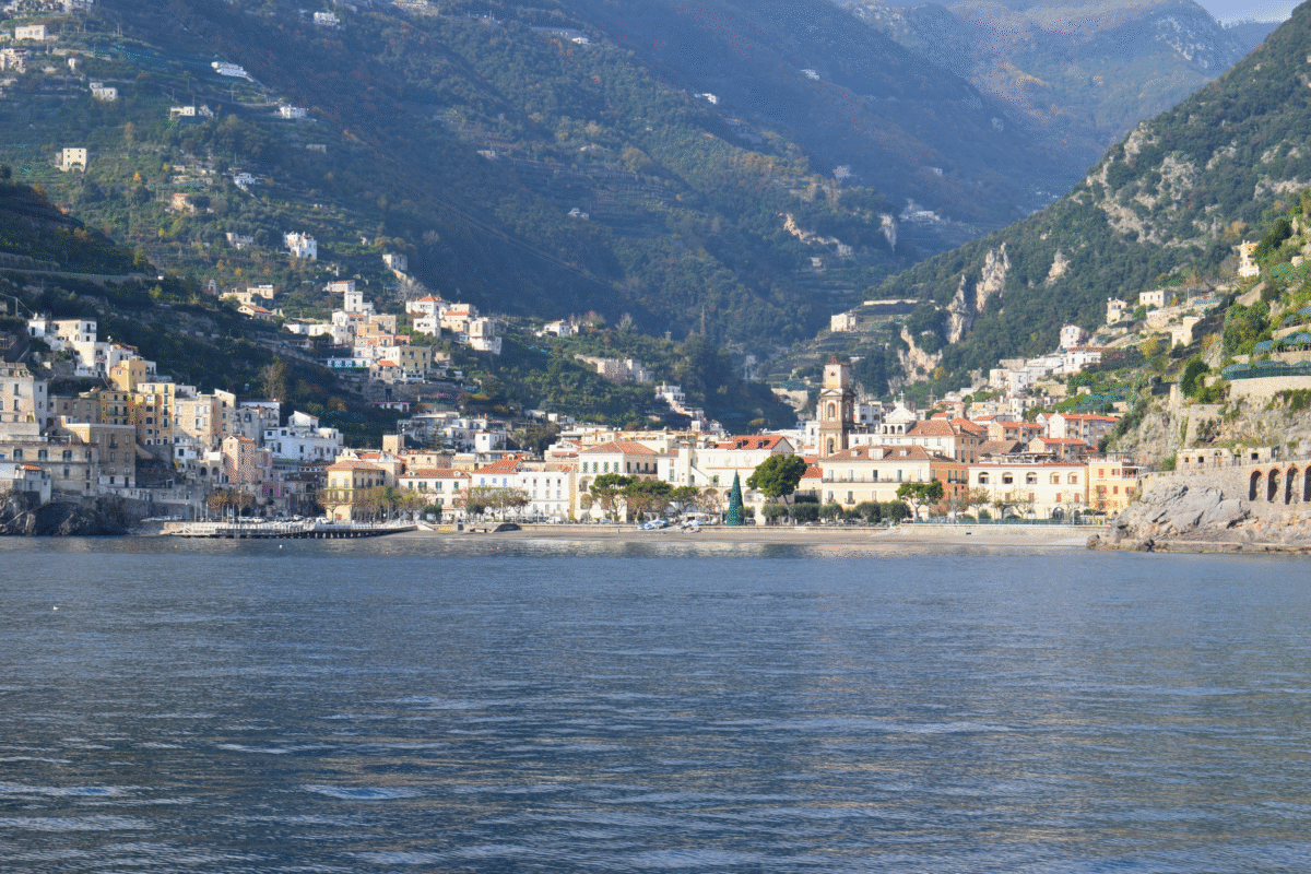 Minori Beach with mountain backdrop