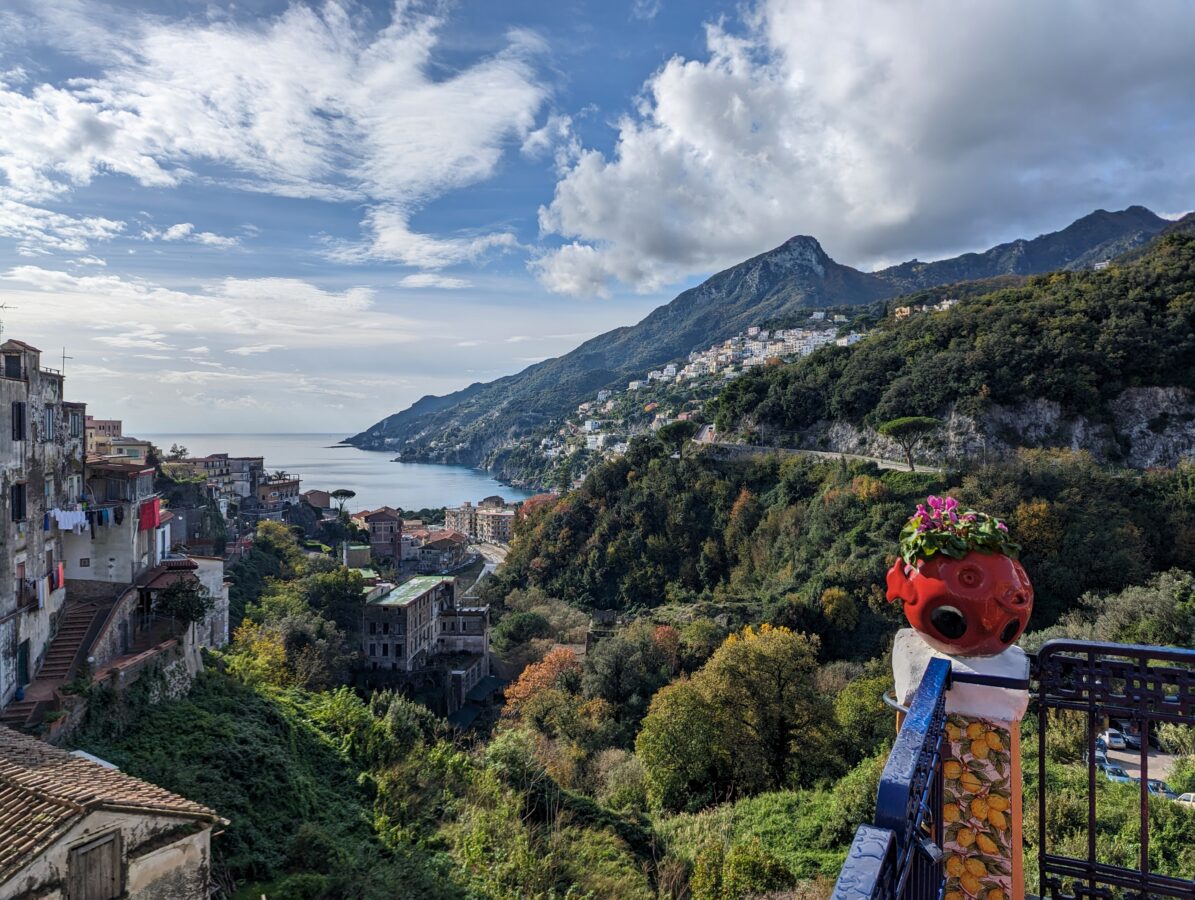 View of beach and mountains in Vietri Italy.