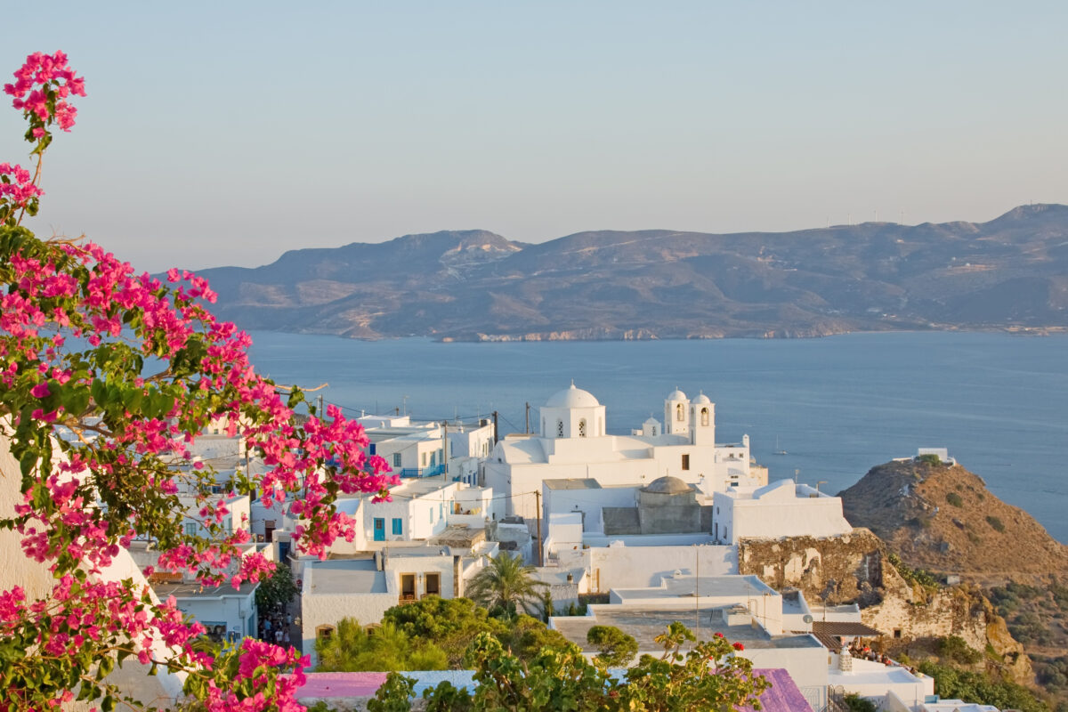 A view of the Plaka town from its castle region in Milos island, Greece.