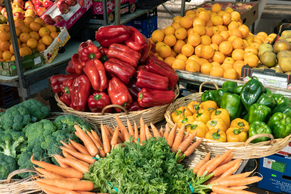 Fresh fruits and vegetables at farmers market.