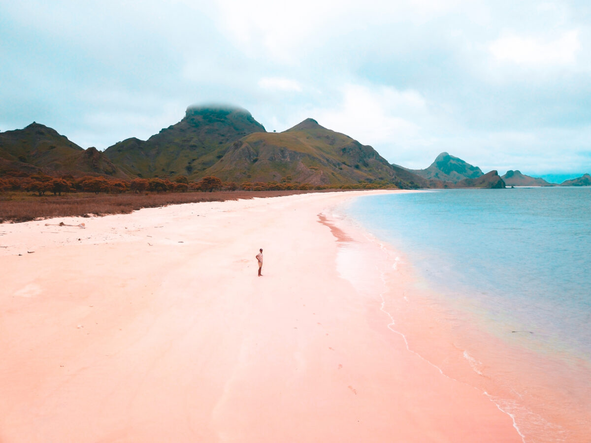 Aerial view at pink beach, komodo national park indonesia.