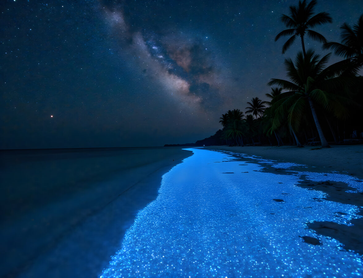 Bioluminescent Shores of Vaadhoo Island Under Milky Way.