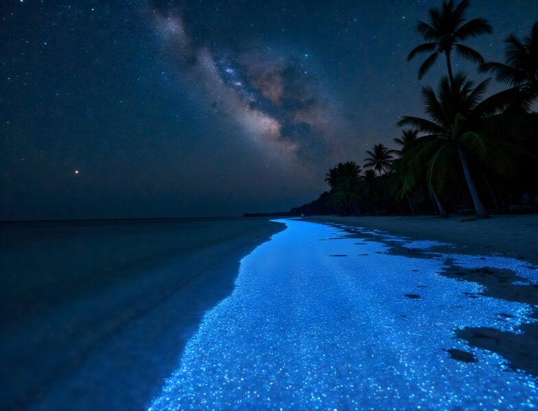 Bioluminescent Shores of Vaadhoo Island Under Milky Way.