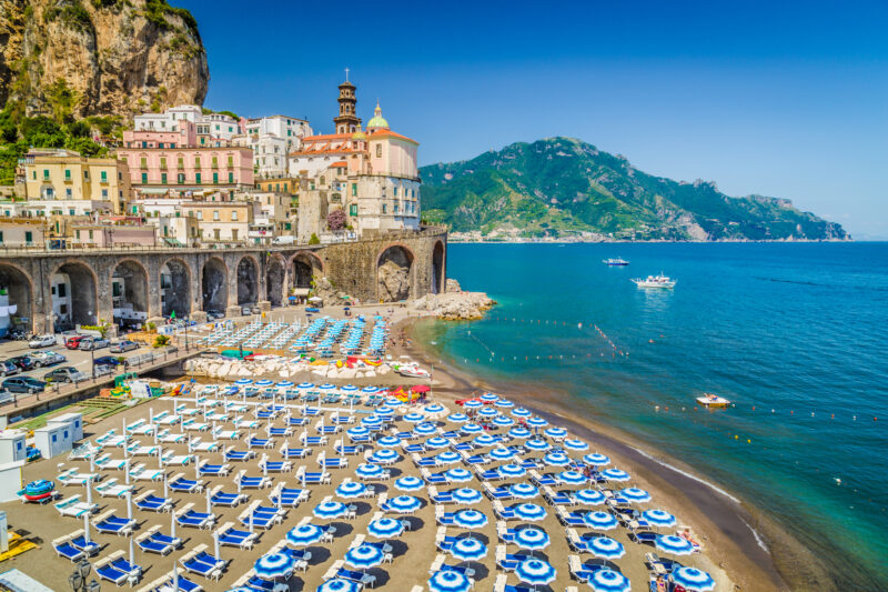 Town of Atrani, Amalfi Coast, Campania, Italy. Scenic picture-postcard view of the beautiful town of Atrani at famous Amalfi Coast with Gulf of Salerno, Campania, Italy