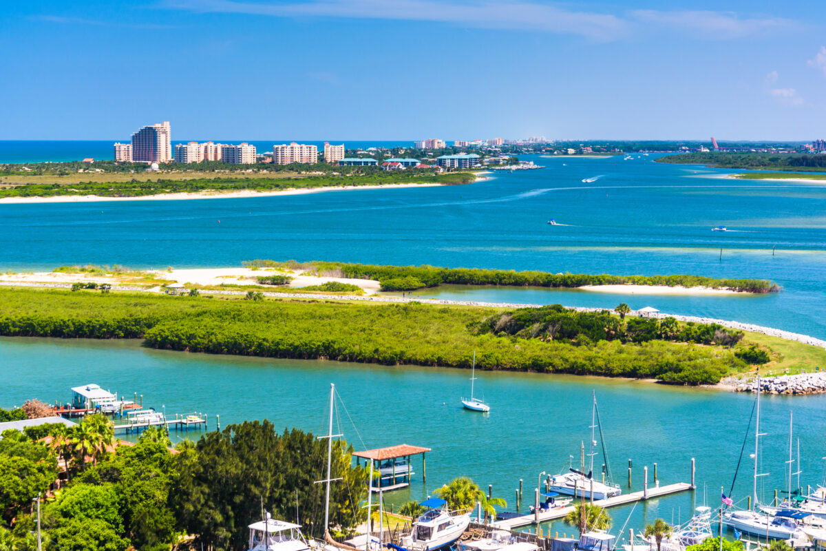 View of Ponce Inlet and New Smyrna Beach from Ponce de Leon Inlet Lighthouse, Florida.