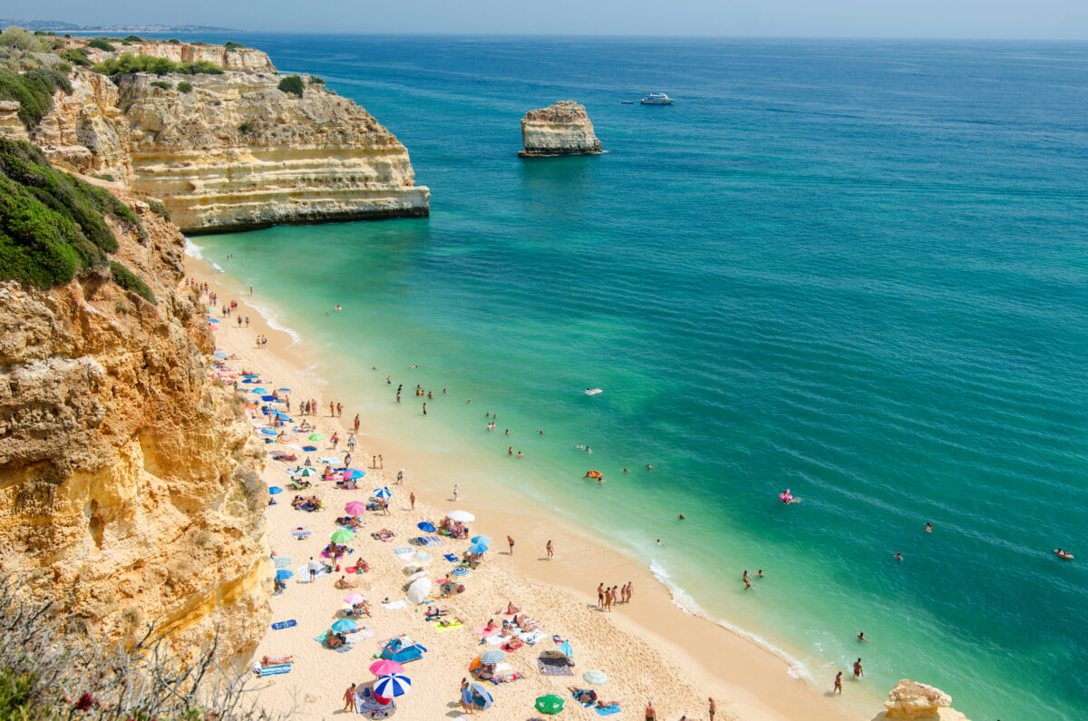 View of the Navy Beach Praia da Marinha in Lagoa, District Faro, Algarve, Southern Portugal