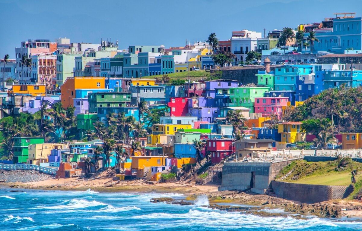 Colorful house line the ocean front in San Juan, Puerto Rico.