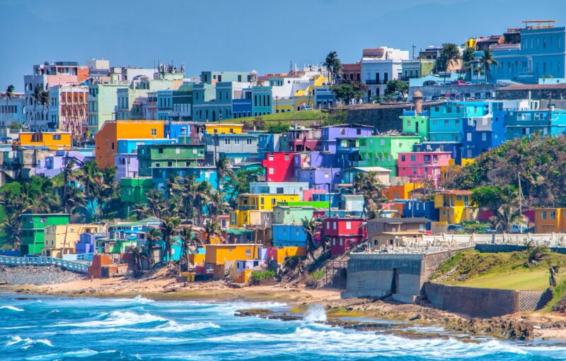 Colorful house line the ocean front in San Juan, Puerto Rico.