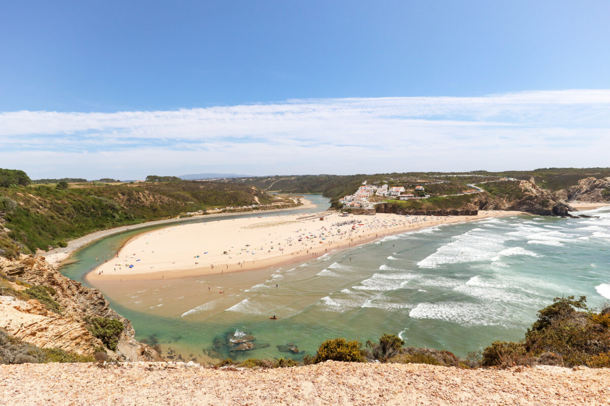 Panoramic view to Praia de Odeceixe, Surfer beach on the West coast of Algarve, District Aljezur Portugal