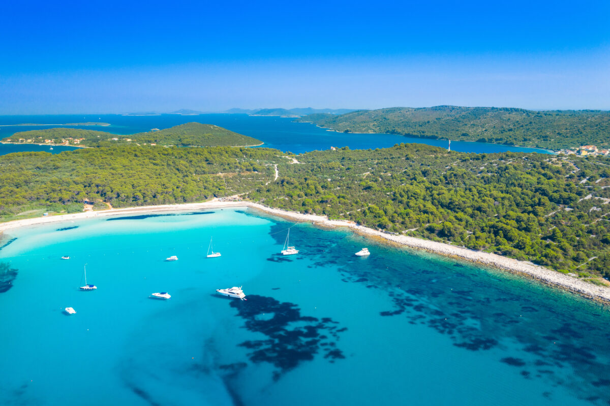 Aerial view of beautiful azure turquoise lagoon bay on Sakarun beach on Dugi Otok island, Croatia.