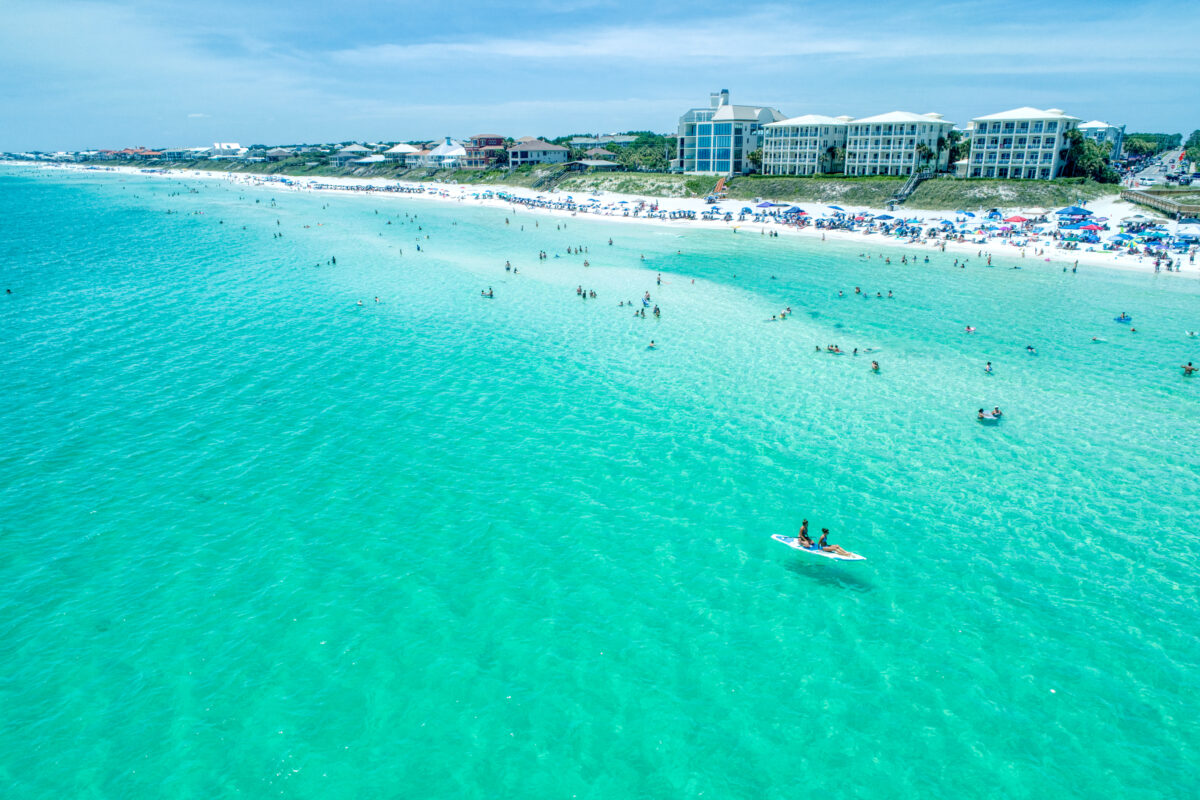 an aerial view of the beautiful waters---and people enjoying those beautiful waters---off of Santa Rosa Beach Florida on an absolutely perfect day