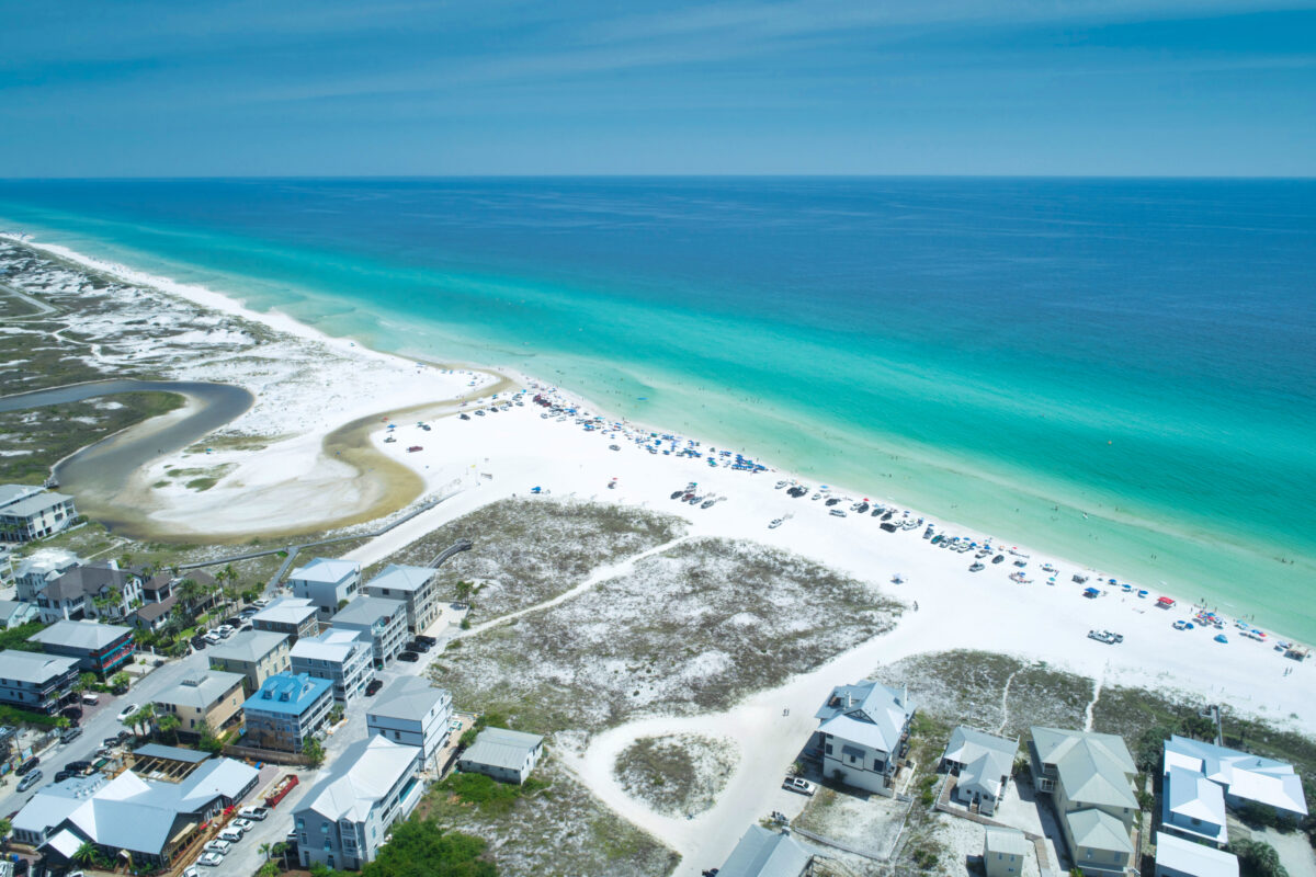 This photo features an incredible aerial view of the village and beach---and Open Western Lake Outflow---of Grayton Beach Florida