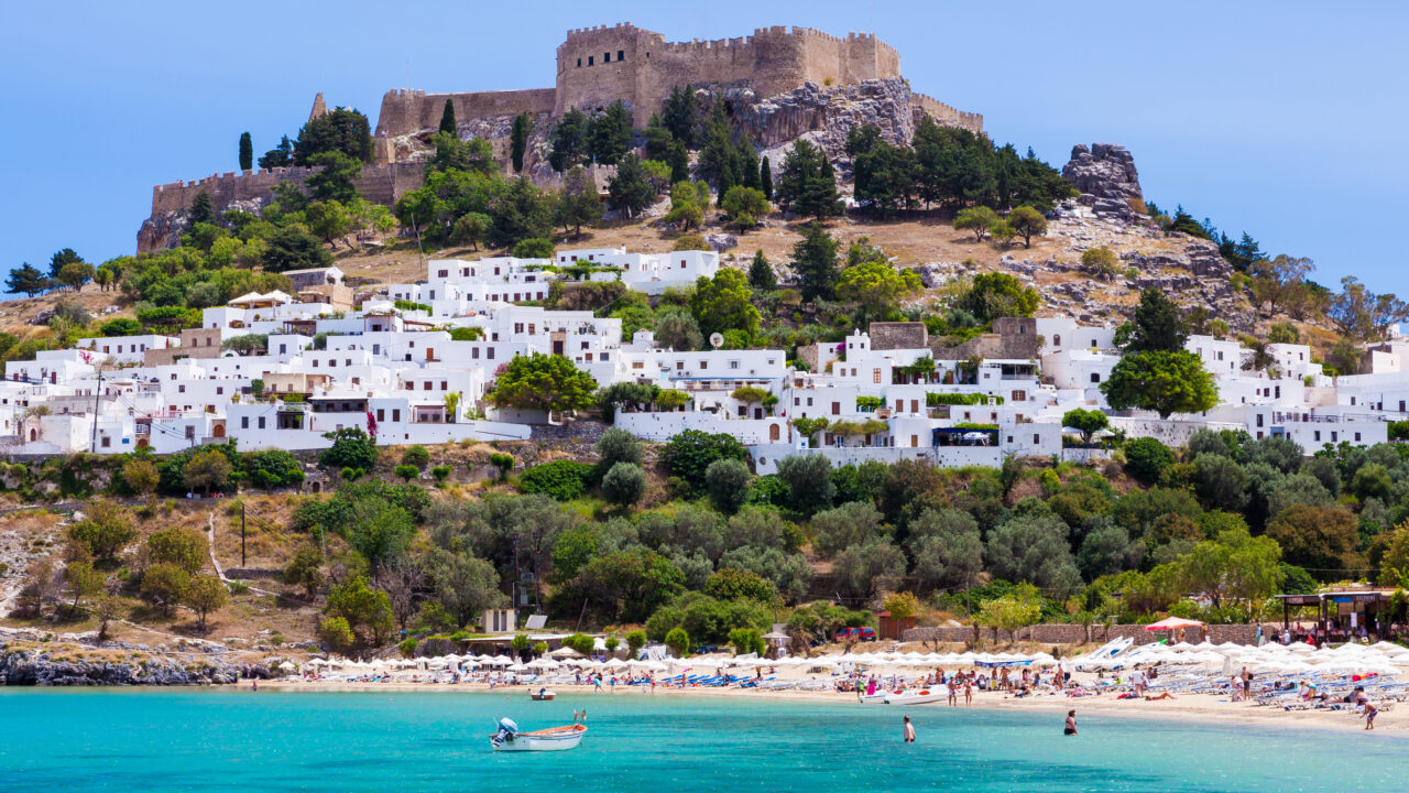 Lindos with the castle above on the Greek Island of Rhodes.