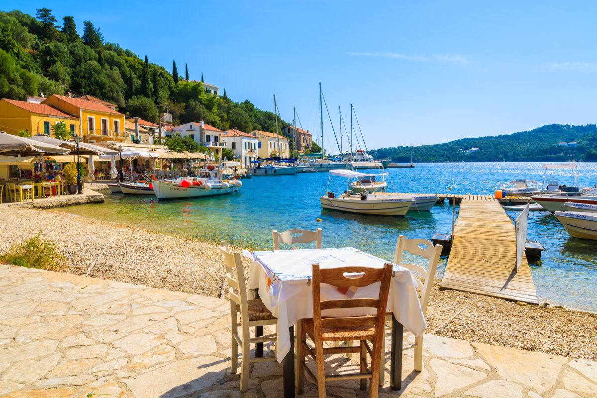 table in Greek restaurant in Kioni port.