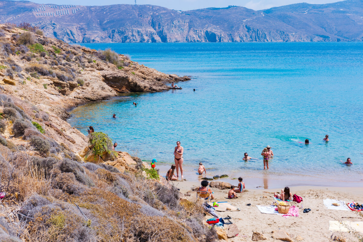 Paralia Agios Sostis wild and free beach in the north of Mykonos Greece.