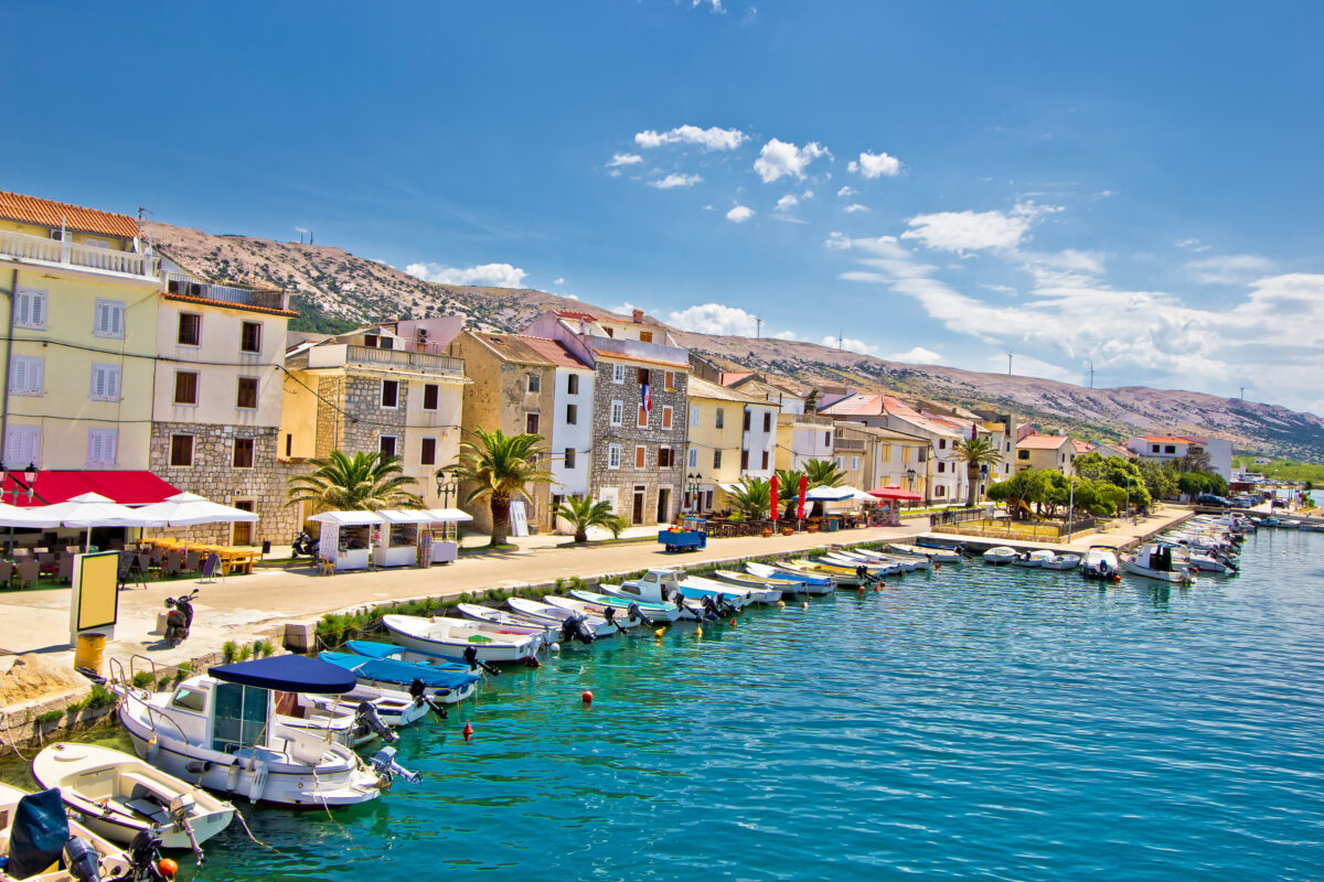 Town of Pag colorful waterfront, Dalmatia, Croatia.