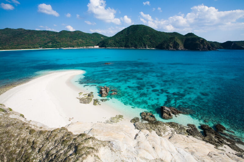 Emerald green transparent waters of tropical islands, Okinawa, Japan.