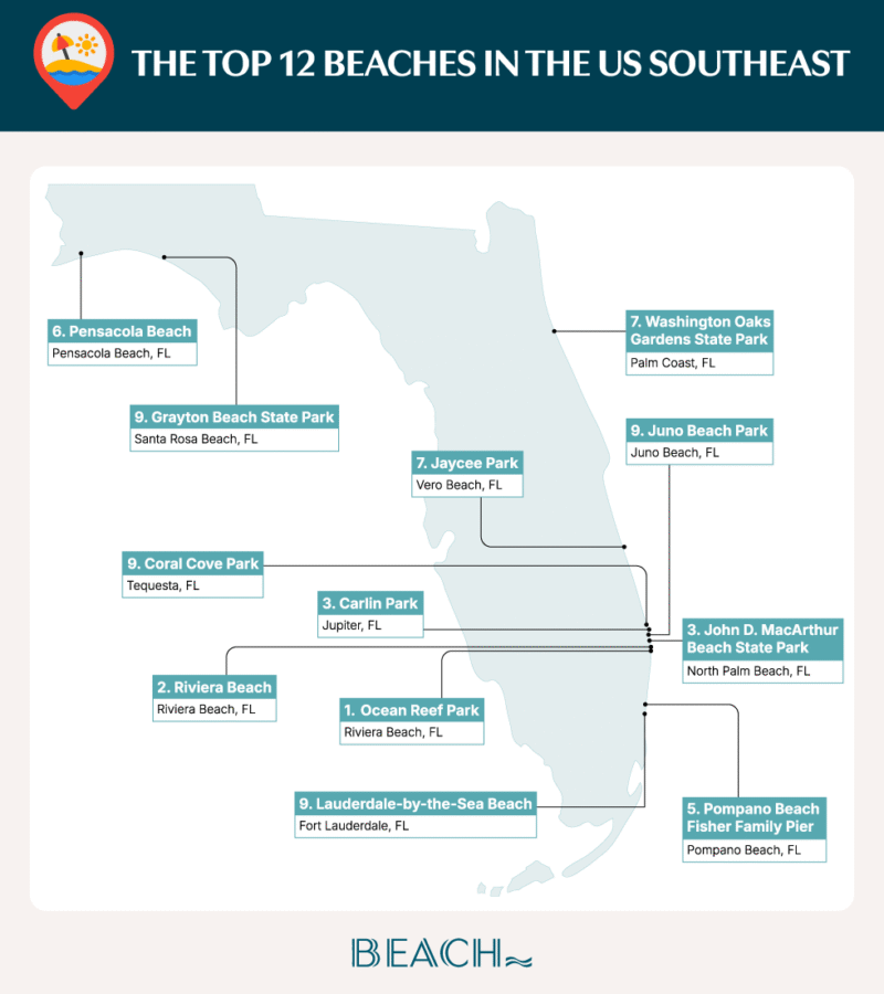 A map of Florida with the study’s top 12 ranking beaches plotted. 