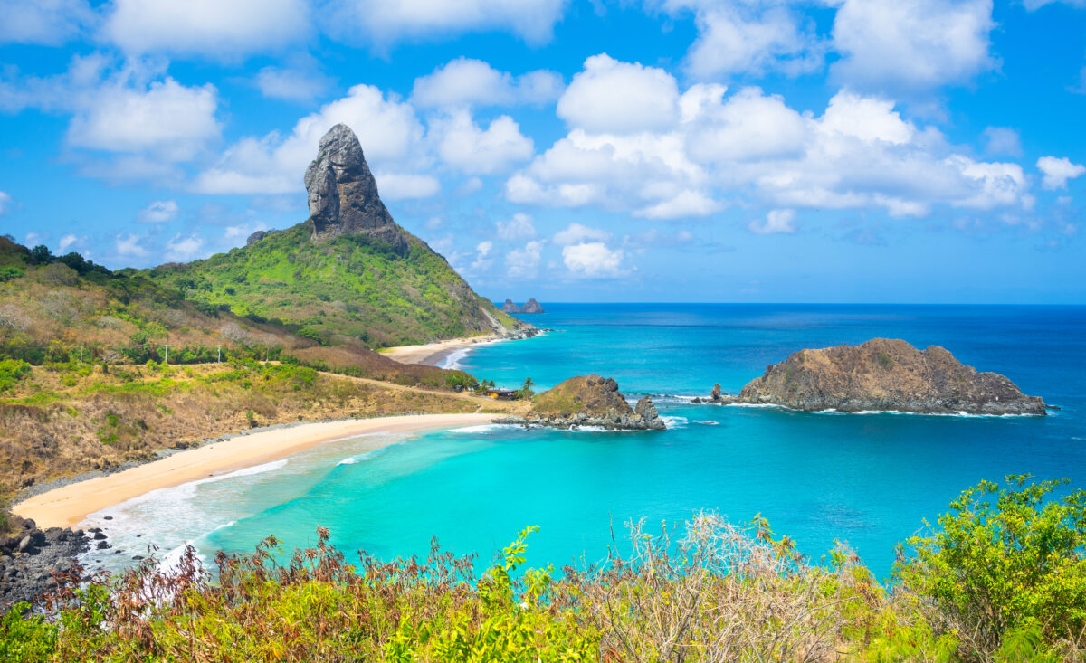 Conceicao Beach, Fernando de Noronha Island Brazil with the famous Peak Hill (Morro do Pico)