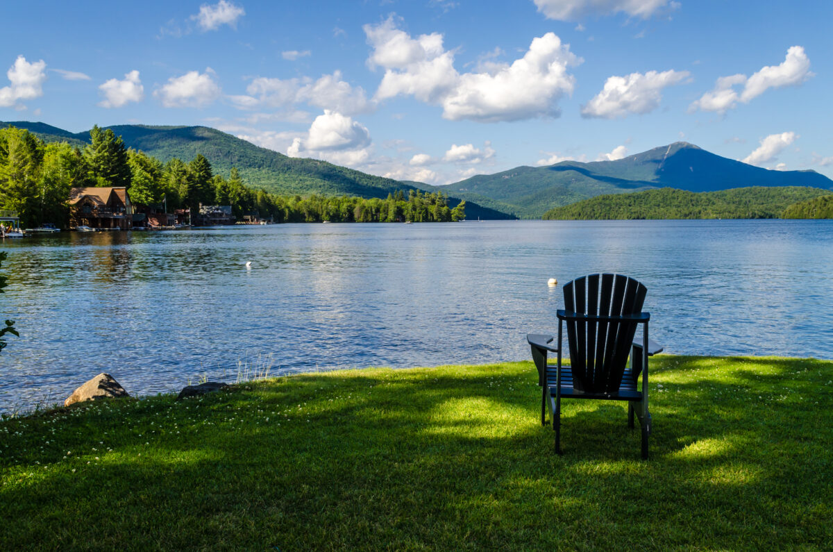 Whiteface Mountain is seen across Lake Placid on a summer afternoon in the Adirondack Mountains of Upstate New York.