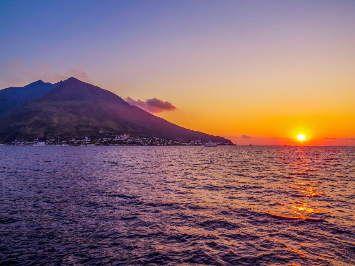 Magical sunset over the volcanic island of Stromboli, Aeolian Islands, Italy.