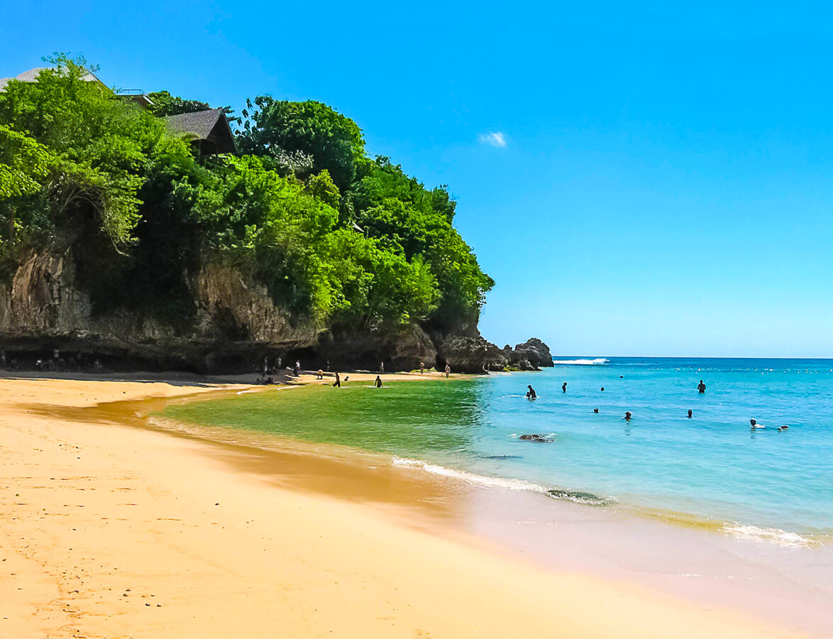 Padang Padang Beach, Bali, the white sand and blue sky.
