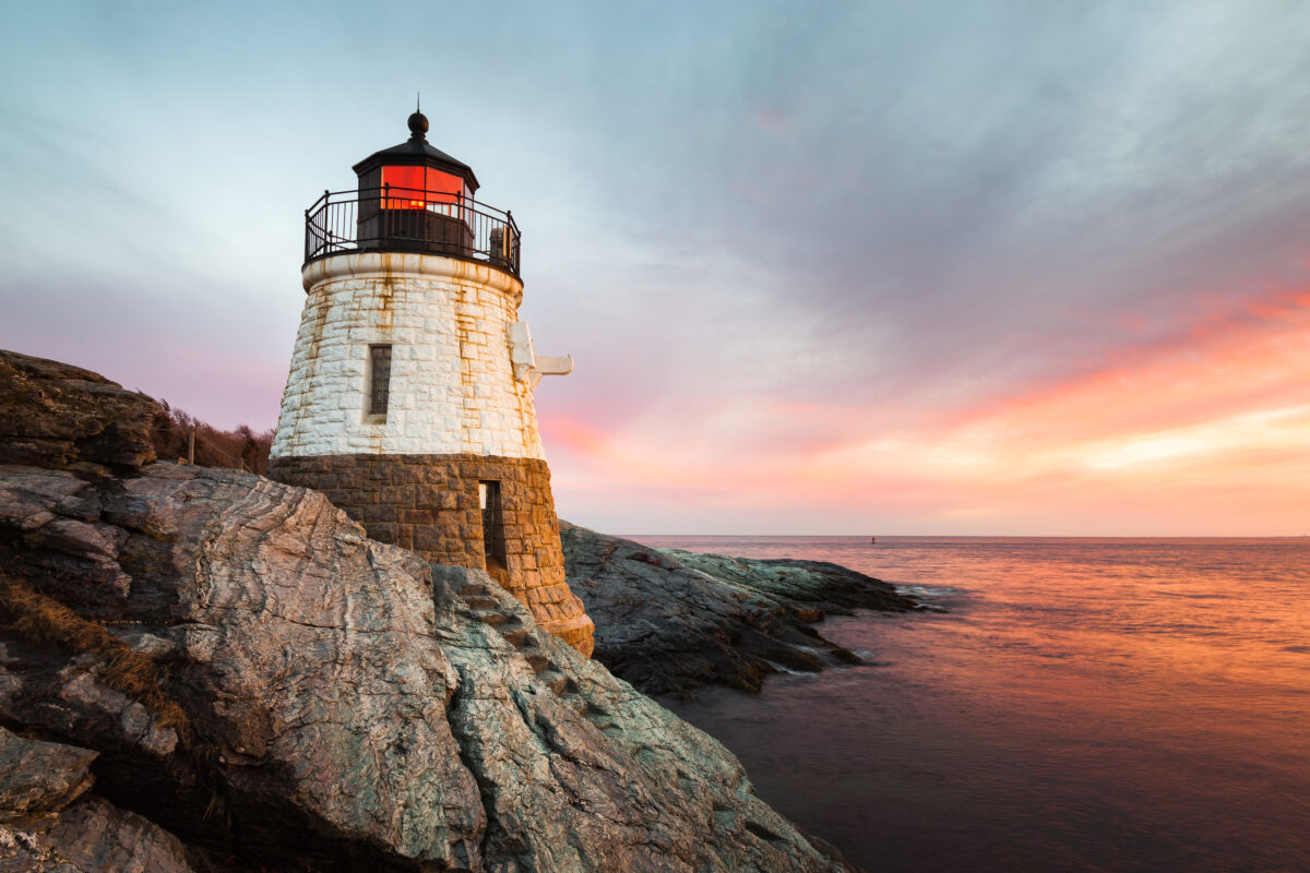 Castle Hill Lighthouse Newport Rhode Island at Sunset. 