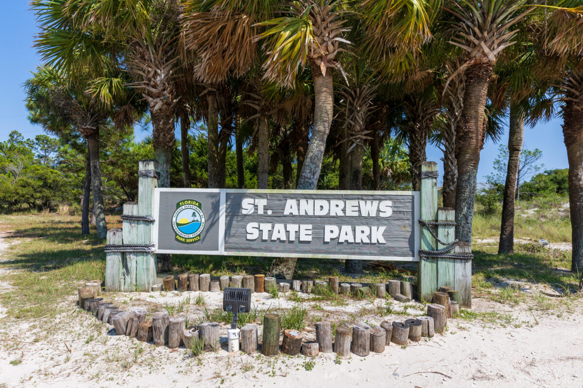 St. Andrews State Park entrance sign in Panama City, FL.