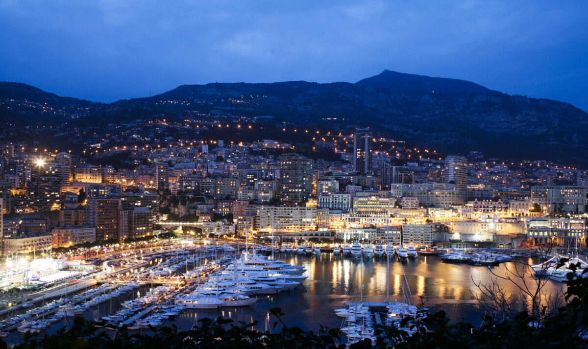A night scene of Monaco Bay, Nice, France.