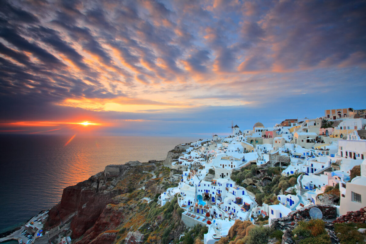 Sunset at Oia village on Santorini island, Greece.