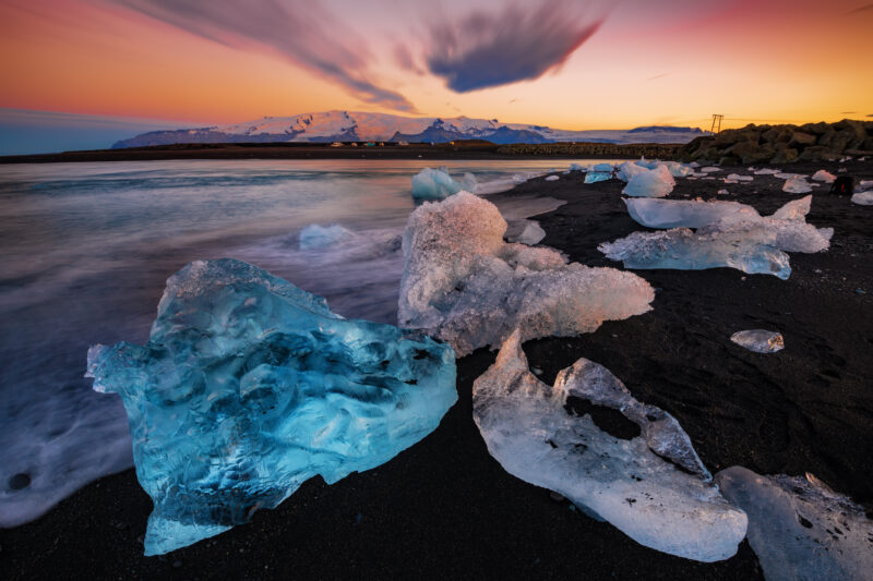 Ice rock on the black sand beach at Diamond Beach, Iceland Summer