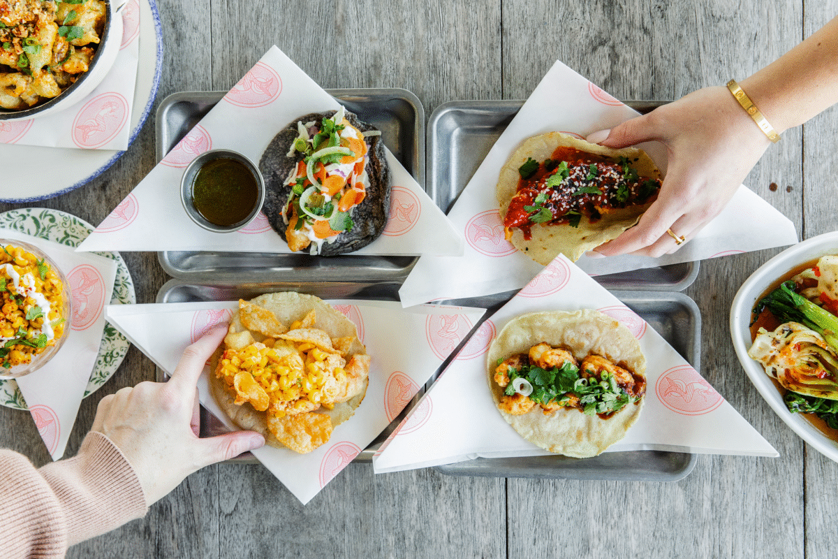 aerial of plated dishes at Fish Company Taco