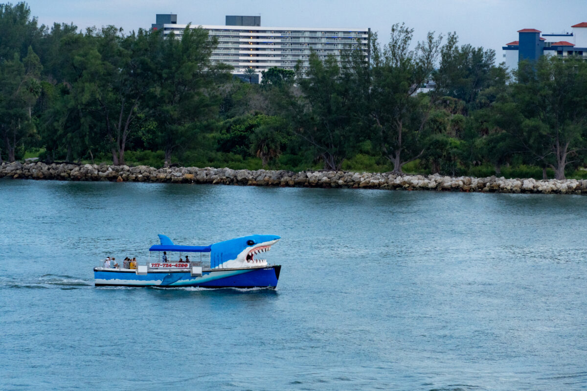 Boat shaped like a shark, Clearwater Beach, Florida.