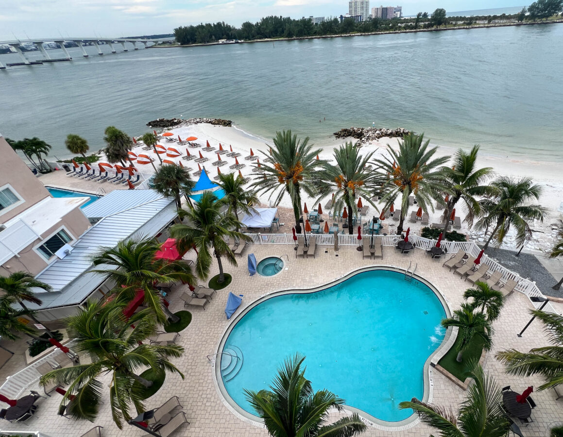 aerial of private beach area, Clearwater Beach, Florida.
