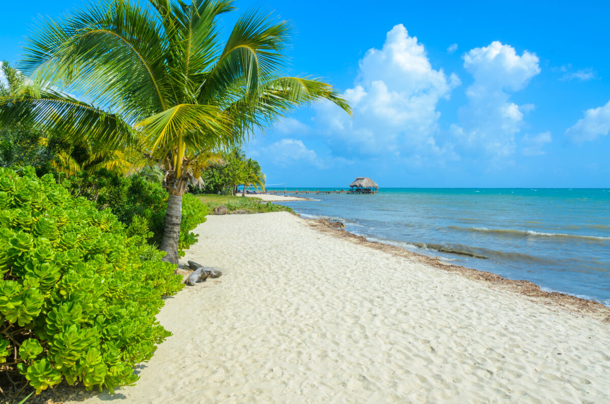 Paradise beach in Placencia, tropical coast of Belize, Caribbean Sea, Central America.