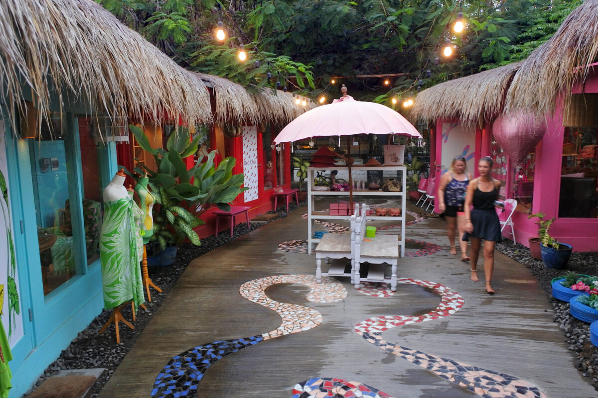 Tourists in a street mall in Gili Air Island Bali Indonesia.