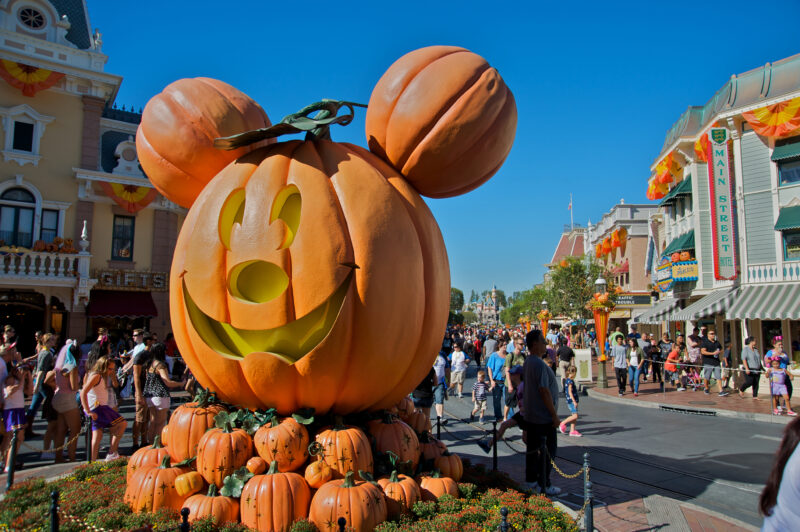 HAlloween at Disneyland. Mickey Mouse head made with pumpkins during Halloween time at Disneyland.