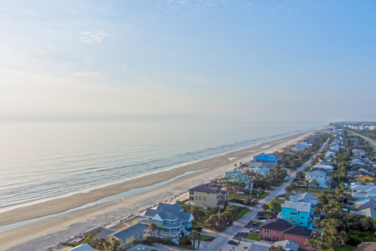 Aerial view of New Smyrna Beach, Florida at sunrise