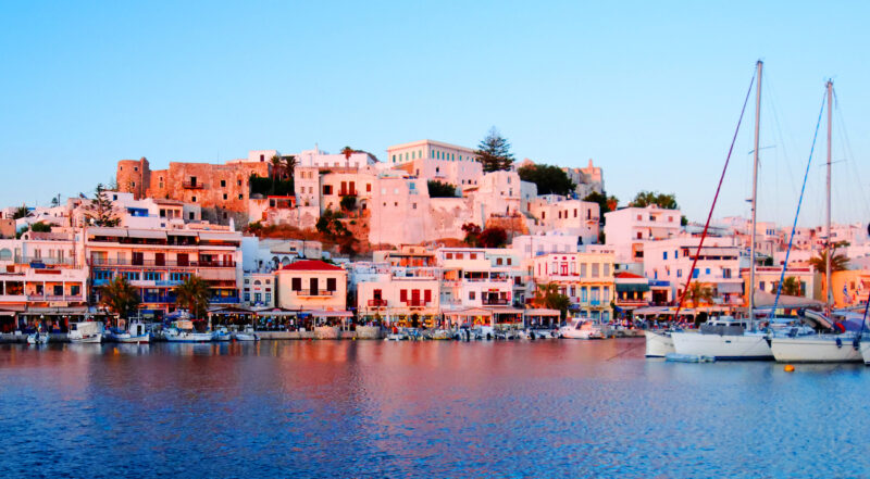 A view of Naxos, Greece, seen from the Aegean sea.