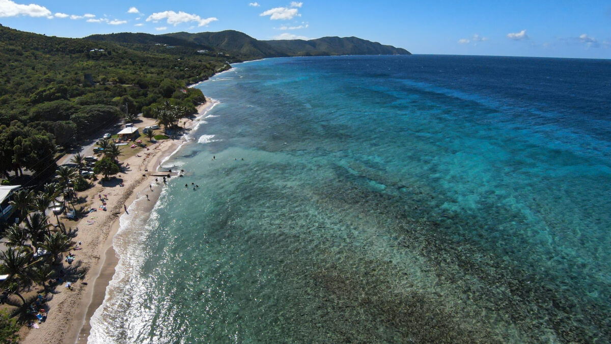 An aerial view of Cane Bay Beach, in St. Croix, United States Virgin Islands.