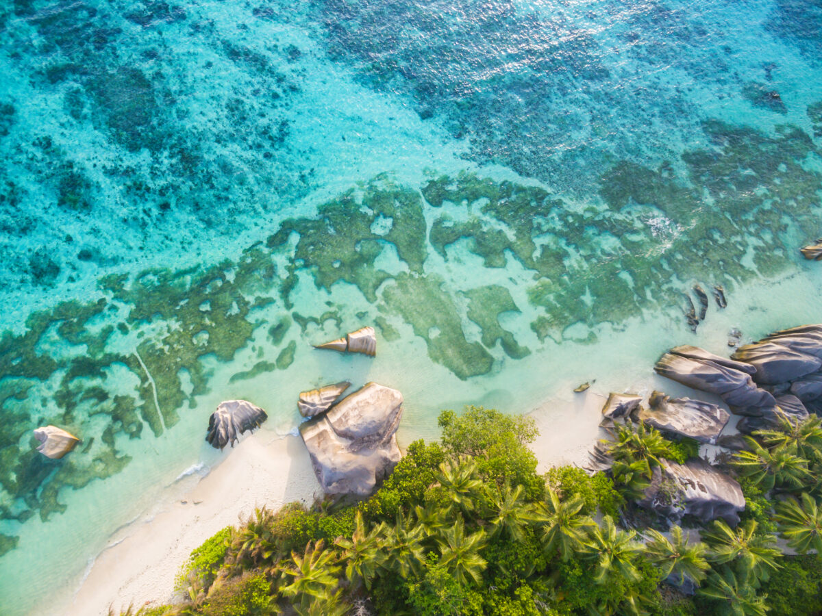 Aerial photo of Seychelles beach at La Digue